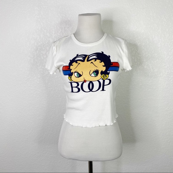 Betty Boop Tops - Betty Boop White Ribbed Scalloped Hem Crop Top